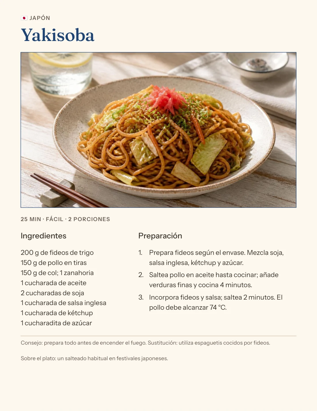 Página auténtica de receta japonesa yakisoba