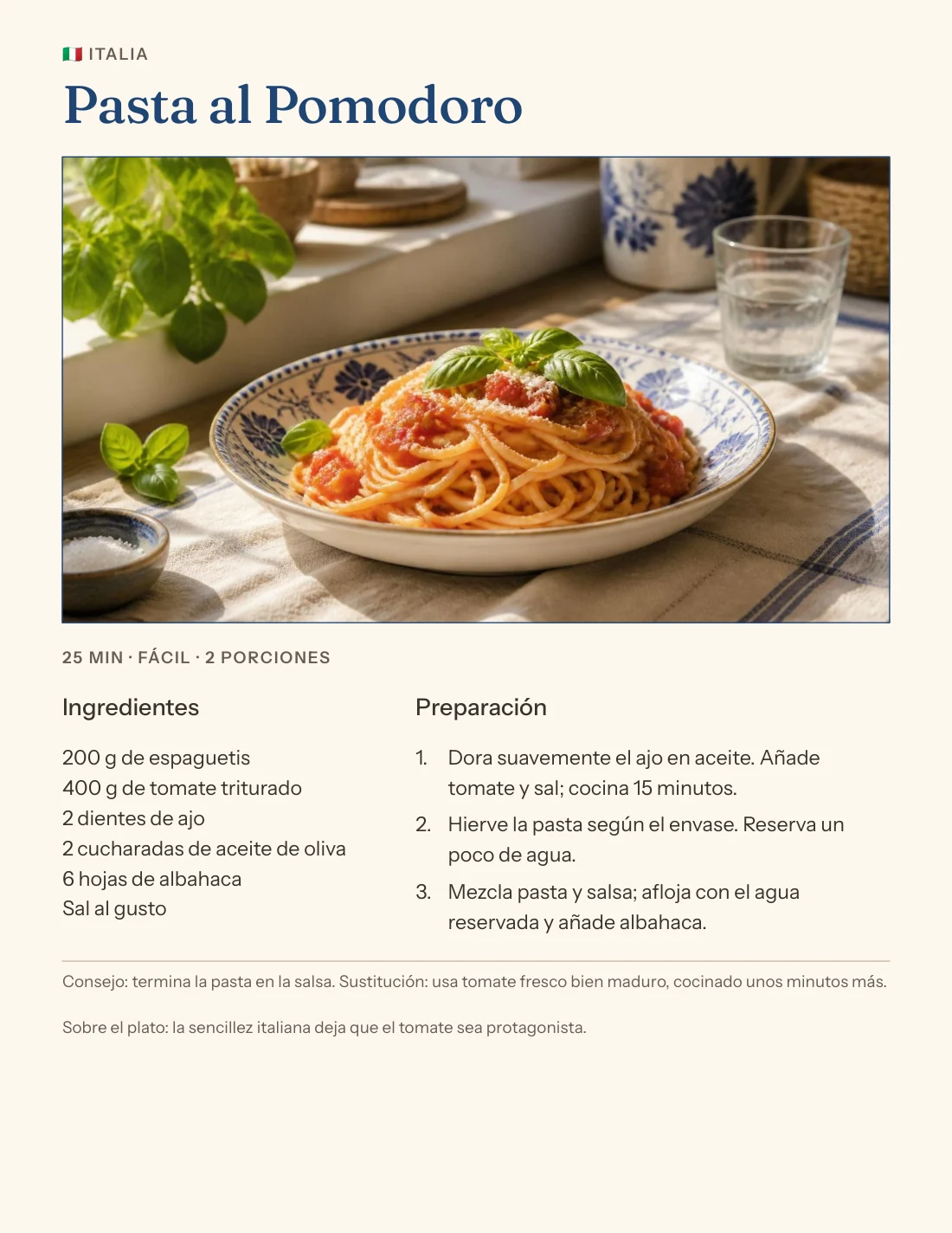 Página auténtica de receta italiana de pasta al pomodoro